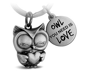 FABACH Porte-clés hibou avec cœur et gravure - Joli porte-clés chouette - Amitié et amour porte-bonheur en métal pour femme - Motif chouette You Need is Love