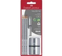 Faber-Castell - Set d'écriture GRIP 2001 argent - 3 crayons HB, 2 gommes, 1 taille-crayon