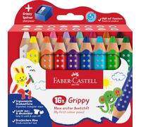 Faber-Castell 110645 Set Grippy, 16 Gros Crayons de Couleurs Enfants, Kit Dessin Facile à Laver, Crayon de Couleurs Enfant de Forme Triangulaire Ergonomique et Épaisseur de 10mm, Taille Crayon Inclu