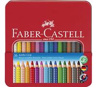 FABER-CASTELL 110916 - Set de crayons de couleur Jumbo Grip, 16 crayons dans un étui métallique, facilement lavables et incassables