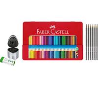 Faber-Castell 112435 Colour Grip 2001 Lot de 36 crayons de couleur avec étui en métal avec triple taille-crayon, 6 crayons GRIP HB et gomme de qualité supérieure