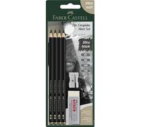 Faber-Castell 115298 Pitt Crayons Graphite Monochrome, Set de 4 crayons grades 2B, 6B, 10B, 14B, Ultra mat, Minime réflexion, Gomme et taille-crayon inclus, Pour dessiner, esquisser, ombrer