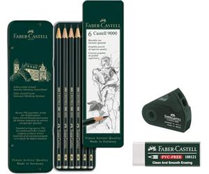 Faber-Castell 119063 Castell 9000 Pencils, Set of 6, HB to 8B Grades, Graphite Pencils for Sketching, Drawing and Writing (Coffret 6 pièces + gomme + taille-crayon double)
