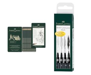 Faber-Castell 119065 Set Art de 12 crayons graphite CASTELL 9000 & 167100 - Crayons à encre de Chine Pitt Artist Pen, paquet de 4, contenu : S, F, M, B, noir