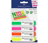 FABER-CASTELL 159591 - Marqueurs textiles de couleurs fluo pour tissus clairs, 4 marqueurs néon, largeur de trait de 1 à 5 mm