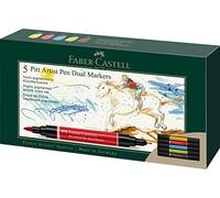 FABER-CASTELL 162005 Pitt Artist Pen Dual Marker Lot de 5 stylos à encre de Chine, avec deux pointes, une pointe pinceau et une pointe en fibre sertie de métal, étui en carton