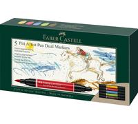 Faber-Castell 162005 Pitt Artist Pen Dual Marker Lot De 5 Stylos À Encre De Chine, Avec Deux Pointes, Une Pointe Pinceau Et Une Pointe En Fibre Sertie De Métal, Étui En Carton