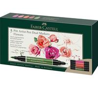 Faber-Castell 162007 - Stylos à encre Pitt Artist Pen Dual, 5 marqueurs à double pointe - pointe pinceau et pointe fibre - Set de feutres Flowers