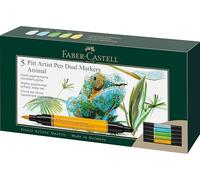 Faber-Castell 162008 - Stylos à encre Pitt Artist Pen Dual, 5 marqueurs à double pointe - pointe pinceau et pointe fibre - Set de feutres Animaux