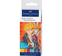 Faber-Castell 167157 Set de Stylos à Encre Shônen, Étui avec 6 Stylo-billes de Différentes Couleurs, Idéal pour le Dessin Précis ou le Manga Créatif