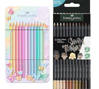 Faber-Castell 201910 Lot de 12 crayons de couleur Sparkle Pastel, étui en métal, 12 pièces & 116414 - Crayons de couleur couleur chair Black Edition, étui carton de 12 pièces, incassables