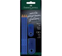 Faber-Castell 217057 - Set de crayons Sleeve, avec taille-crayon, gomme et 3 crayons, set d'écriture Grip 2001 bleu