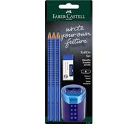 Faber-Castell Crayons Grip 2001 217083 – Lot avec gomme et taille-crayon RollOn, 3 crayons bleus