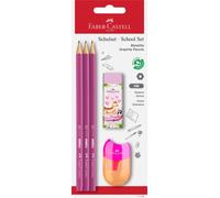 Faber-Castell 3 x Graphite Pencil School Set, 1 x Happy Jungle Eraser and 1 x Qu