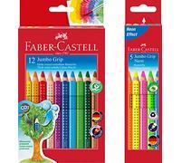Faber-Castell Bundle 110912 Etui carton de 12 Crayons de couleur JUMBO GRIP ; avec taille-crayon et Faber-Castell 110994 Étui 5 crayons de couleur Jumbo Grip Neon Il Étui (Bundle Fluo + 12 Multicolore, 1)