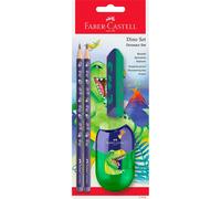Faber-Castell Set d'écriture Dino 111519 - 4 pièces, crayons HB, taille-crayon et gomme, bleu