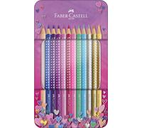 Faber-Castell - Crayons Sparkle, 12 couleurs, étui métallique | Crayons de couleur triangulaires et incassables au design pailleté pour enfants et adultes