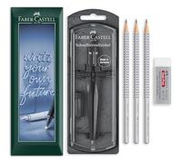 Faber-Castell Ensemble de géométrie et de dessin | Boussole à réglage rapide, 3 crayons graphite HB Grip 2001 et gomme anti-poussière | Mathématiques, dessin technique (Pierre noir)