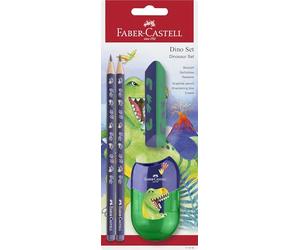 Faber-Castell - Kit d'écriture Dino avec crayons, taille-crayon et gomme | Trousse scolaire pour enfants comprenant 2 crayons HB, un taille-crayon et une gomme