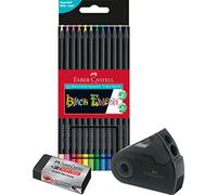 Faber-Castell - Lot de 12 crayons de couleur Blackwood, Black Edition, couleurs vives avec trait doux, bois noir (set de 12 coloriages) avec taille-crayon Sleeve et gomme Edition Dust-free
