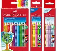 Faber-Castell - Lot de 12 crayons de couleur Jumbo Grip en carton + étui de 5 crayons Jumbo Grip fluo + étui de 5 couleurs pastel