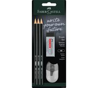 Faber-Castell Set de crayons Exam 111183 — 3 crayons 1111 HB, taille-crayon et gomme, noir