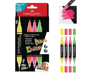 Faber-Castell - Marqueurs acryliques Shake & Paint, 4 couleurs fluo | Stylos acryliques à double pointe (1 mm et 3 mm) pour le papier, le bois, le verre, la pierre et bien plus encore