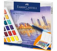 Faber-Castell Aquarelles en godets 169748 – Palette et pinceau à réservoir d'eau – 48 pièces