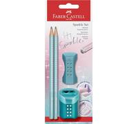 Faber-Castell Sparkle 118297 – Lot avec taille-crayon, gomme et 2 crayons, Océan métallisé