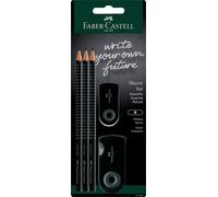 FABER-CASTELL Lot de 3 crayons à papier Grip 2001 B, 1 mini gomme, 1 boîte d'affûtage double