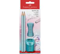 Faber-Castell Sparkle 118297 – Lot avec taille-crayon, gomme et 2 crayons, Océan métallisé
