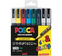 Faber-Castell uni-ball 186825 - POSCA Marker Set, étui de 8 stylos acryliques PC-3M, 0.9 - 1.3 mm, 6 couleurs standard + 2 couleurs spéciales changeantes