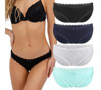 Fabio Farini Culotte Bikini Pantys pour Femme Pack 4 & 6 Plusieurs Couleurs et Tailles, 95% Coton Respirant 4er Pack avec de la Dentelle Noir Bleu Gris Turquoise L
