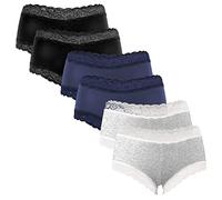 Fabio Farini - Lot de 6 Culottes Hipster Shorty Femme en Coton avec Détails en Dentelle - Féminins Slips Set 2X Noir/ 2X Bleu/ 2X Gris XL