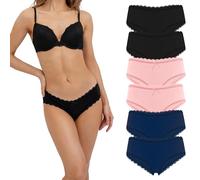Fabio Farini - Lot de 6 Culottes Hipster Shorty Femme en Coton avec Détails en Dentelle - Féminins Slips Set 2X Noir/ 2X Bleu foncé/2x Abricot S