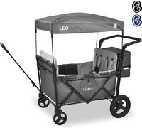 FableKids® Bollerwagen Leo X4Plus avec toit | 4 places | Chariot de transport | Sac arrière XXL | Ceinture 5 points | Roues tout-terrain 360° | Gris fossile