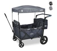 FableKids® Bollerwagen Leo X4Plus avec toit | 4 places | Chariot de transport | Sac arrière XXL | Harnais 5 points | Roues tout terrain 360° | Blueberry Blue