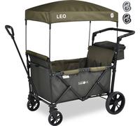 FableKids Chariot à roulettes Leo X2Lite avec toit | 2 places | Chariot de transport pliable | Harnais 5 points | Roues 360° | Oxford 600D | Vert Safari