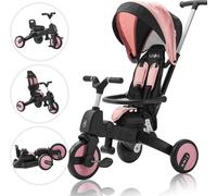 FableKids Tricycle 7in1 Enfant Tricycle Enfant Guidon vélo bébé Poussette | Direction parentale |Capote | à partir de 18 Mois |Rose