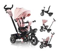 FableKids Noemi Tricycle 5 en 1 avec barre de poussée à partir de 18 mois jusqu'à 25 kg, marche avant et arrière, pneus PU, roue libre spacieuse, panier, sac, porte-gobelet - Rose