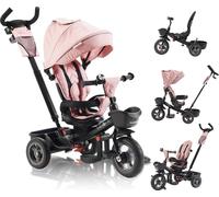 FableKids Noemi Tricycle 5 en 1 avec barre de poussée à partir de 18 mois jusqu'à 25 kg, marche avant et arrière, pneus PU, roue libre spacieuse, panier, sac, porte-gobelet - Rose