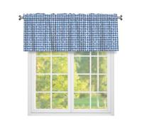 Fabpuro Cantonnière de fenêtre à carreaux à motif floral sur bleu vichy pour cuisine, rideaux courts avec passe-tringle, panneau de traitement de fenêtre pour décoration d'intérieur, bleu, blanc, rose