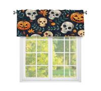 Fabpuro Cantonnière de fenêtre d'Halloween motif tête de mort botanique pour cuisine, rideaux courts avec passe-tringle, panneau de traitement de fenêtre pour décoration d'intérieur, noir et orange