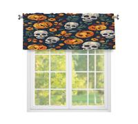 Fabpuro Cantonnière de fenêtre Halloween tête de mort et feuilles de citrouille pour cuisine, rideaux courts avec passe-tringle, panneau de traitement de fenêtre pour décoration d'intérieur, bleu