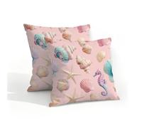 Fabpuro Lot de 2 housses de coussin décoratives imperméables pour extérieur, 40 x 40 cm, coquillages d'océan, étoile de mer, hippocampe sur rose, pour terrasse, jardin, tente, canapé, sofa