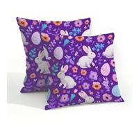 Fabpuro Lot de 2 housses de coussin décoratives imperméables pour extérieur, 50 x 50 cm, motif œufs de Pâques, lapin, fleurs, violet