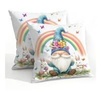 Fabpuro Lot de 2 housses de coussin décoratives imperméables pour extérieur, 55 x 55 cm, motif nain de Pâques et lapin avec motif floral arc-en-ciel, pour terrasse, jardin, tente, canapé, sofa