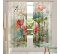 Fabpuro Lot de 2 voilages semi-transparents pour fenêtre de salon, chambre à coucher, 213,4 cm de long, avec passe-tringle - Rideaux à motif fleurs de lotus et libellule sur voilage vintage, 140 x 213