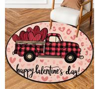 Fabpuro Tapis rond de 92 cm pour salon, chambre d'enfant, tapis circulaire lavable, antidérapant pour décoration d'intérieur, Saint-Valentin, camion de buffle avec cœur d'amour