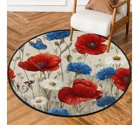 Fabpuro Tapis rond lavable et antidérapant pour salon, chambre à coucher, chambre d'enfant, 1,5 m, bleu et rouge, motif coquelicot, marguerite, fleurs